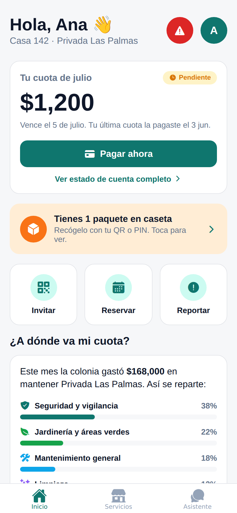 Pantalla principal de Veko: cuota del mes, a dónde va mi cuota y paquetería